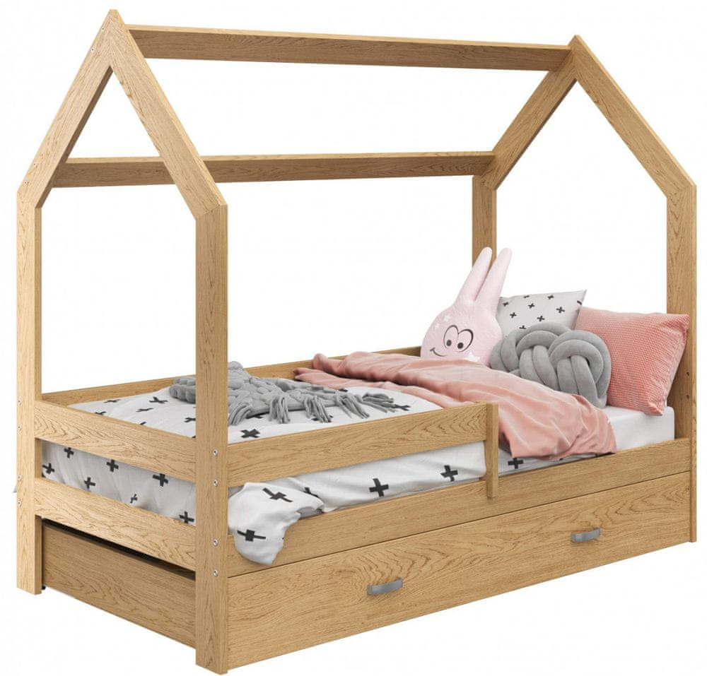 eoshop Detská posteľ Domček 80x160 cm D3, rošt ZADARMO - borovica, zábrana: borovica, úlož. jednoducho: borovica, matracu: s matracom